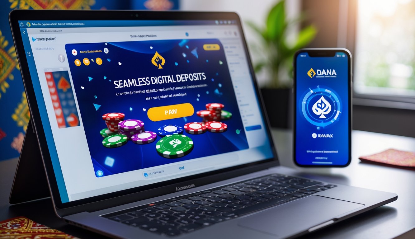 Seorang pemain poker online menggunakan laptop dan smartphone dengan aplikasi dompet digital DANA, menampilkan suasana permainan poker yang aman dan terpercaya di lingkungan kerja yang rapi.