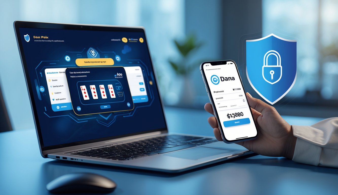 Seorang pemain poker online menggunakan laptop dan ponsel untuk melakukan deposit melalui aplikasi DANA dengan suasana ruangan yang rapi dan terang.