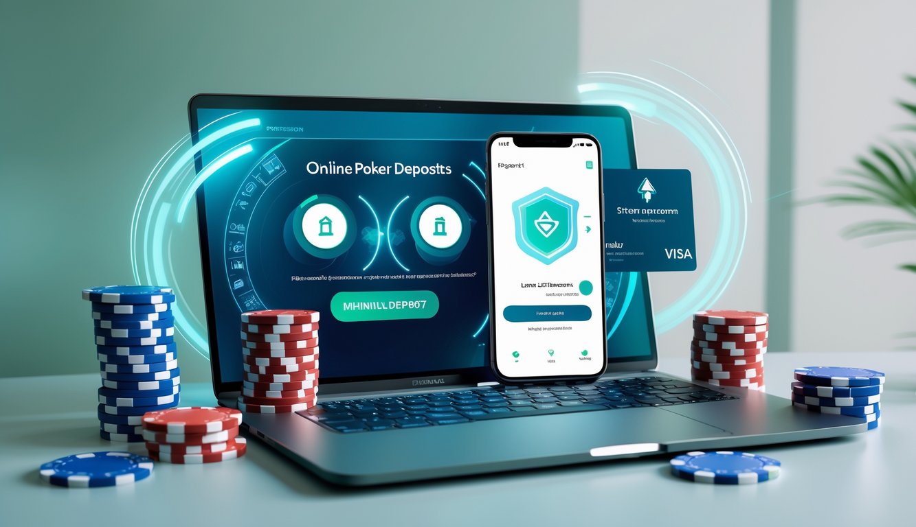 Seseorang menggunakan smartphone di meja yang dilengkapi dengan chip poker dan kartu remi, menunjukkan transaksi pembayaran online yang cepat dan terpercaya.