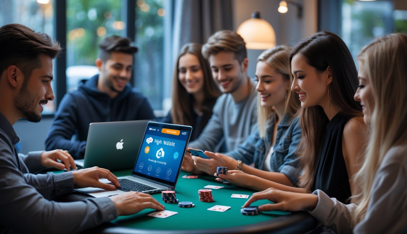 Beberapa orang muda bermain poker online menggunakan laptop dan ponsel dengan aplikasi dompet digital DANA di layar, suasana nyaman dan modern.