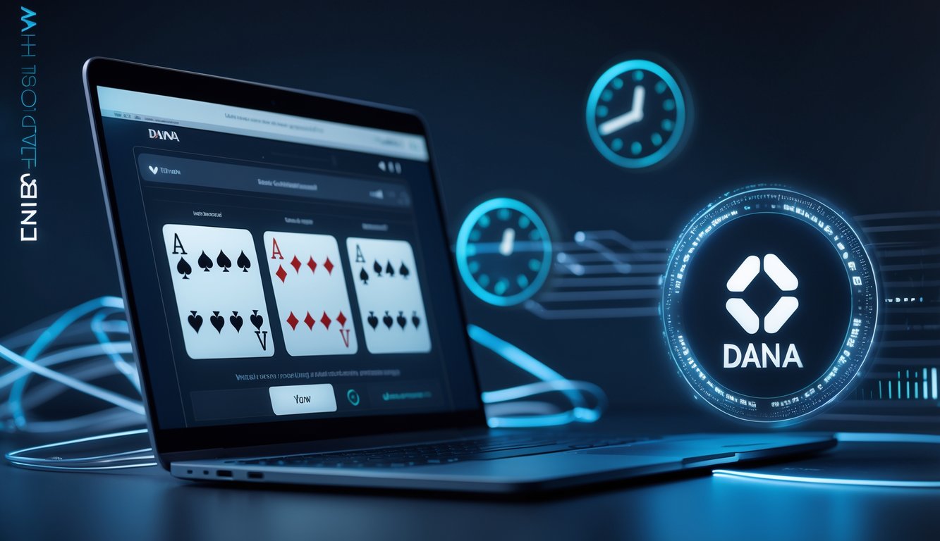 Seseorang menggunakan ponsel untuk melakukan deposit poker online dengan aplikasi dompet digital DANA tanpa menggunakan rekening bank, ditampilkan dengan latar belakang elemen digital yang menunjukkan proses instan 24 jam.