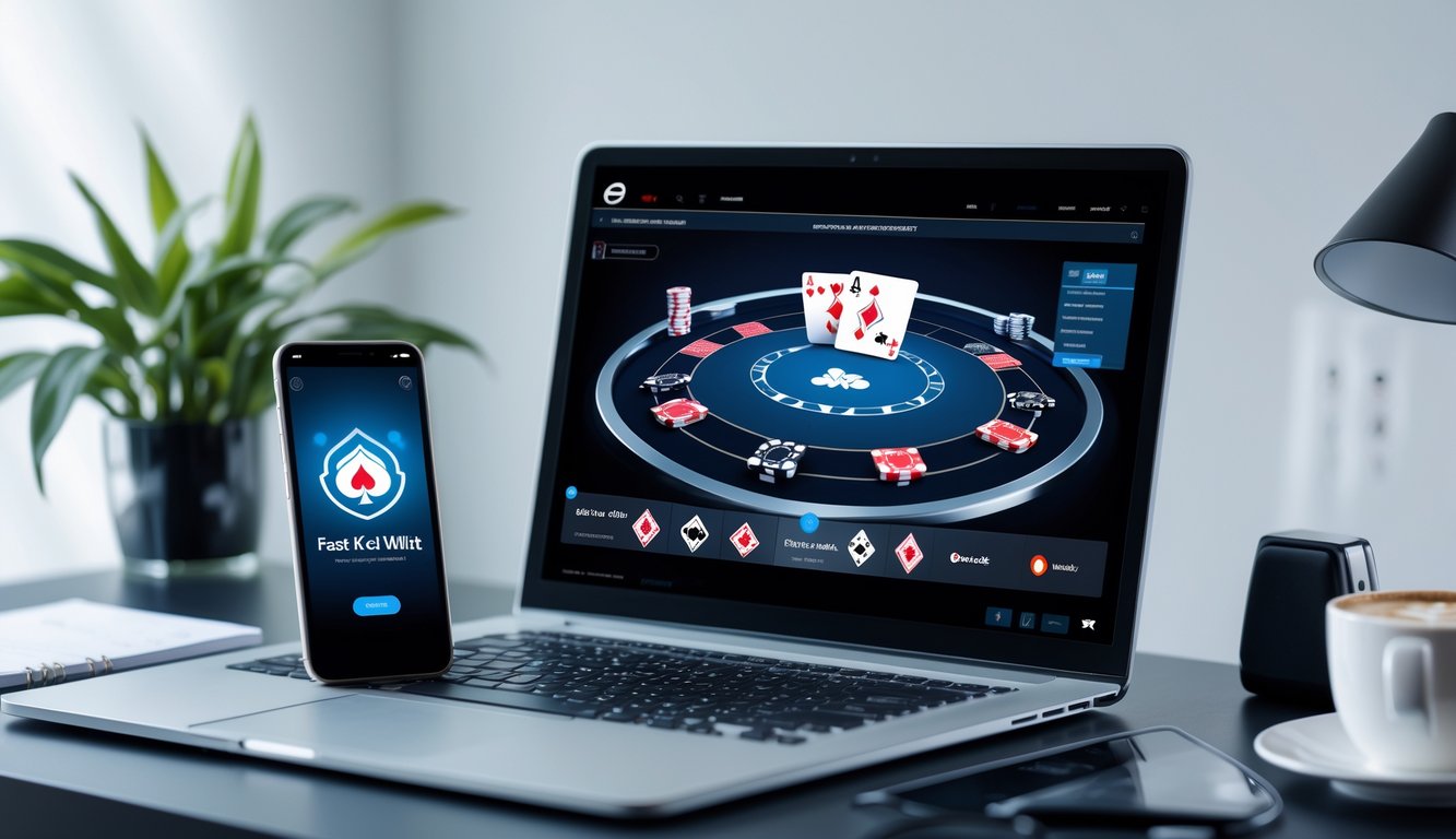 Meja kerja modern dengan laptop menampilkan permainan poker online dan ponsel yang menunjukkan aplikasi dompet digital untuk transaksi cepat dan aman.