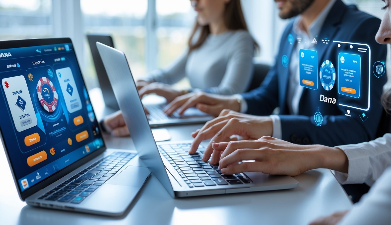 Beberapa orang menggunakan laptop dan ponsel untuk melakukan transaksi poker online dengan metode pembayaran digital DANA di lingkungan yang bersih dan terang.