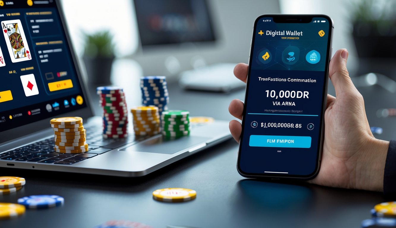 Seseorang menggunakan laptop dan ponsel untuk bermain poker online dan melakukan deposit melalui aplikasi dompet digital.