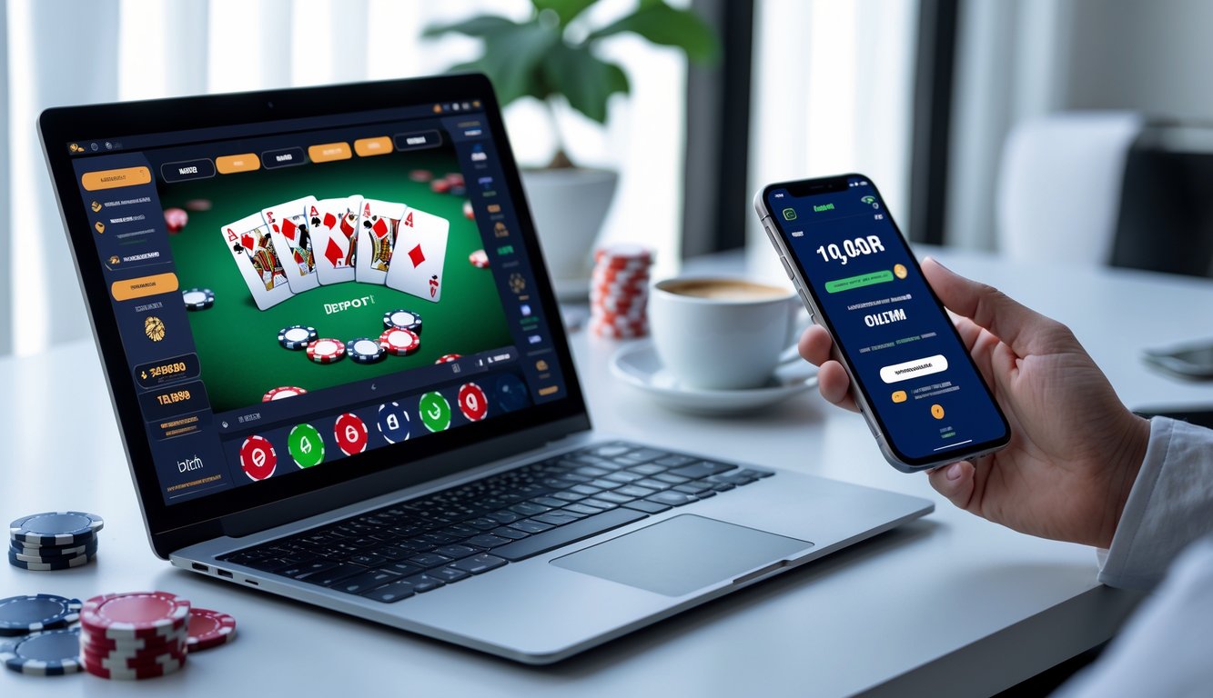 Seseorang menggunakan laptop dan ponsel untuk bermain poker online dan melakukan deposit menggunakan aplikasi dompet digital DANA.