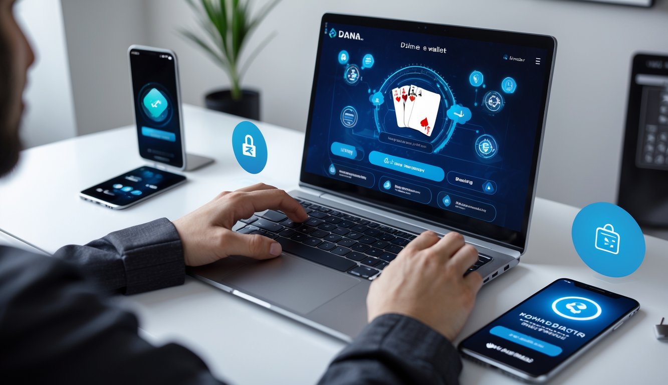 Seseorang menggunakan laptop dengan tampilan permainan poker online dan ikon pembayaran digital, menunjukkan layanan deposit nonstop menggunakan DANA tanpa potongan.
