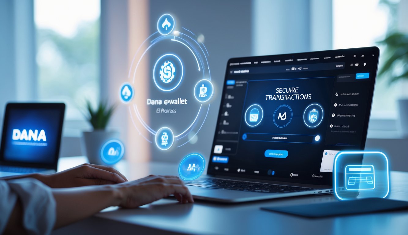 Meja kerja modern dengan laptop menampilkan permainan poker online dan ikon pembayaran digital, menggambarkan layanan poker online dengan deposit DANA tanpa potongan dan pelayanan 24 jam nonstop.