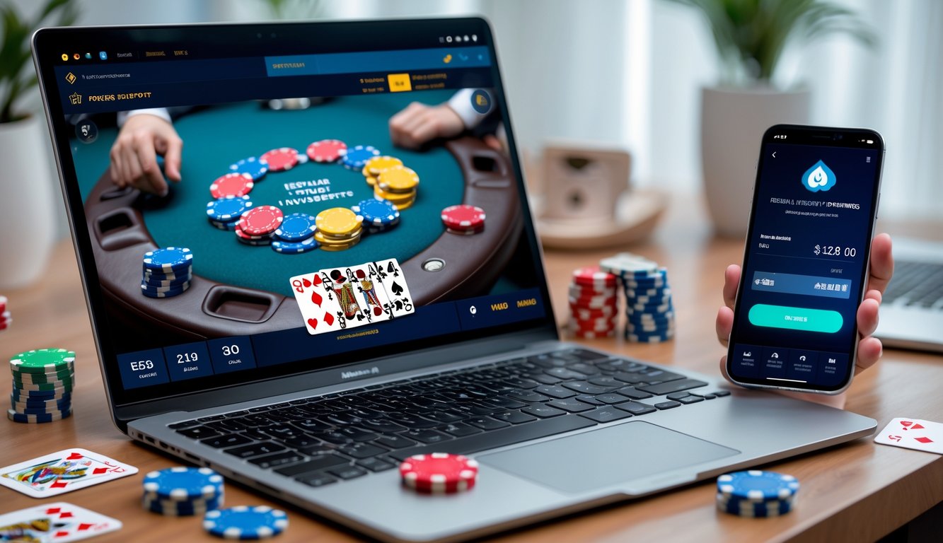 Seseorang menggunakan laptop dan ponsel untuk bermain poker online dengan chip poker dan kartu di meja.