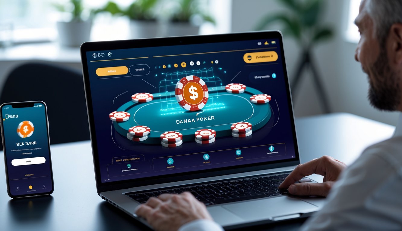 Seorang pemain dewasa menggunakan komputer dengan tampilan permainan poker online dan ikon dompet digital DANA di layar.