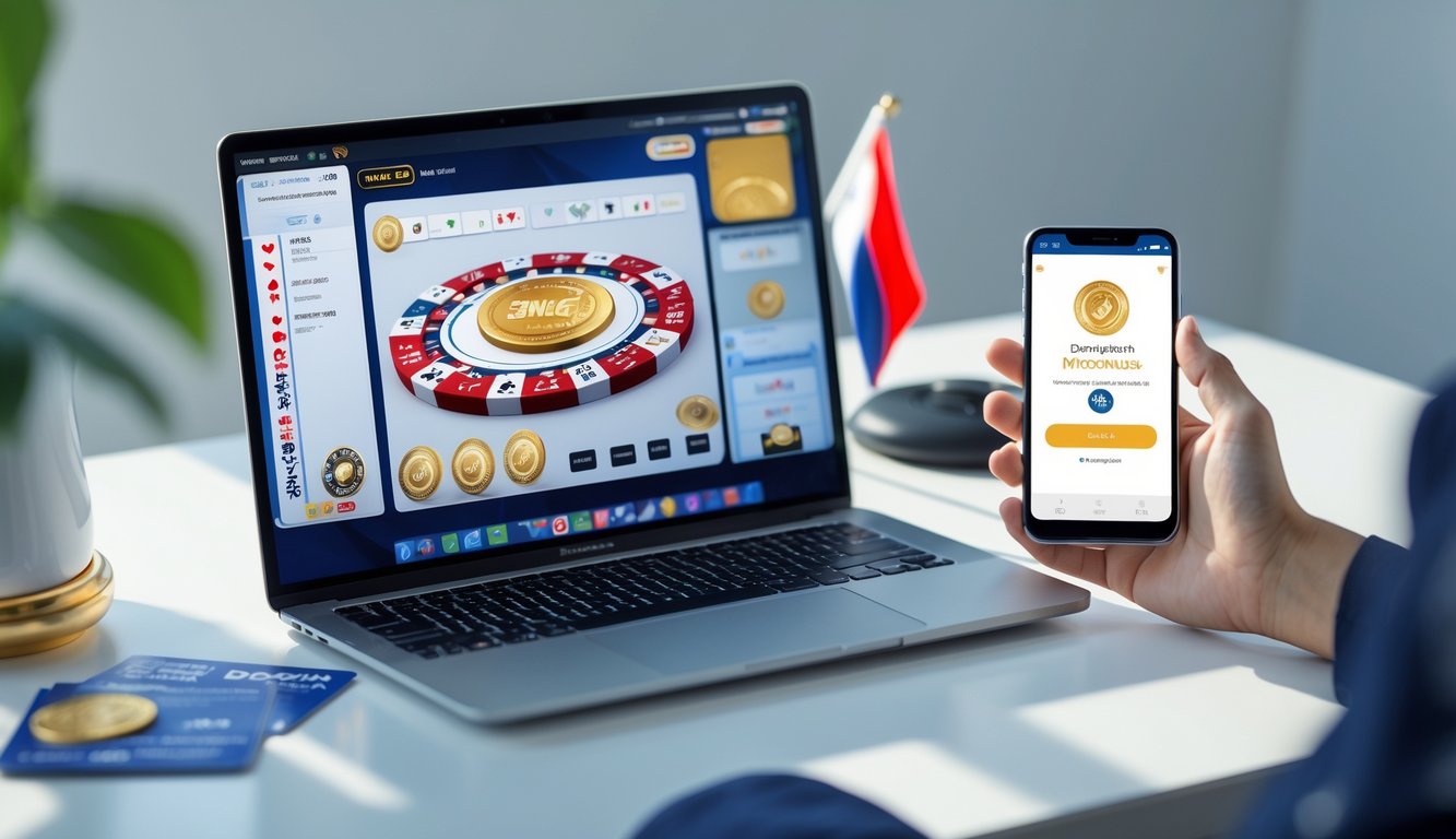 Seseorang menggunakan laptop dan ponsel untuk melakukan transaksi deposit poker online dengan aplikasi DANA di lingkungan kerja yang rapi.