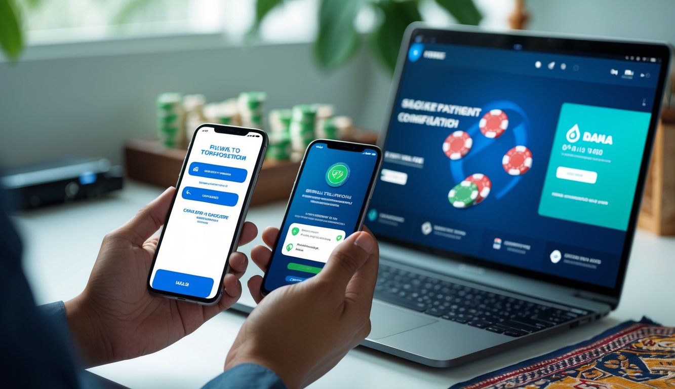Tangan seseorang memegang ponsel yang menampilkan konfirmasi pembayaran digital, dengan layar laptop menampilkan permainan poker online di latar belakang.