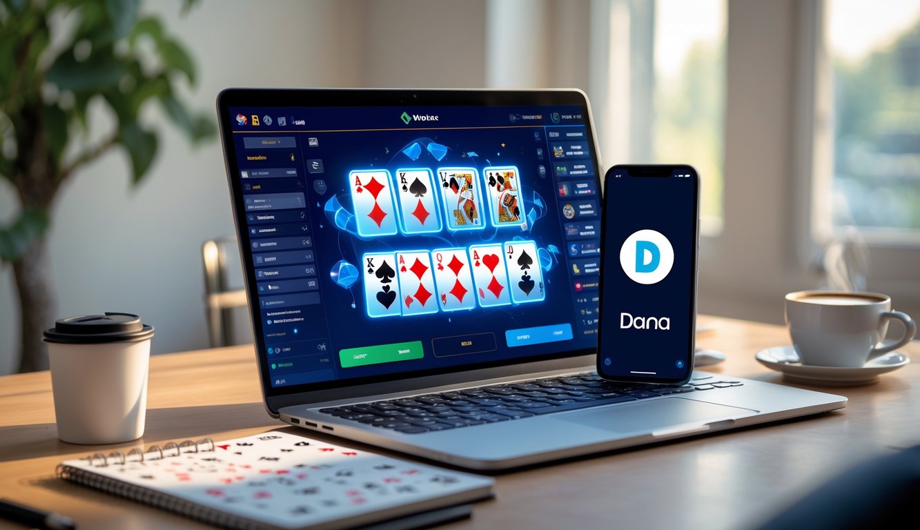 Seorang pemain poker online menggunakan laptop dan smartphone dengan aplikasi dompet digital di meja kerja yang rapi.