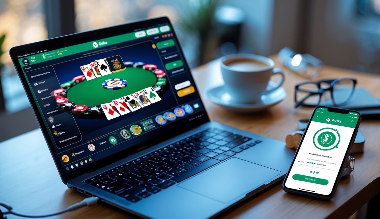 Seorang pemain poker online menggunakan laptop dan ponsel untuk melakukan deposit dengan aplikasi DANA di meja kerja yang rapi.