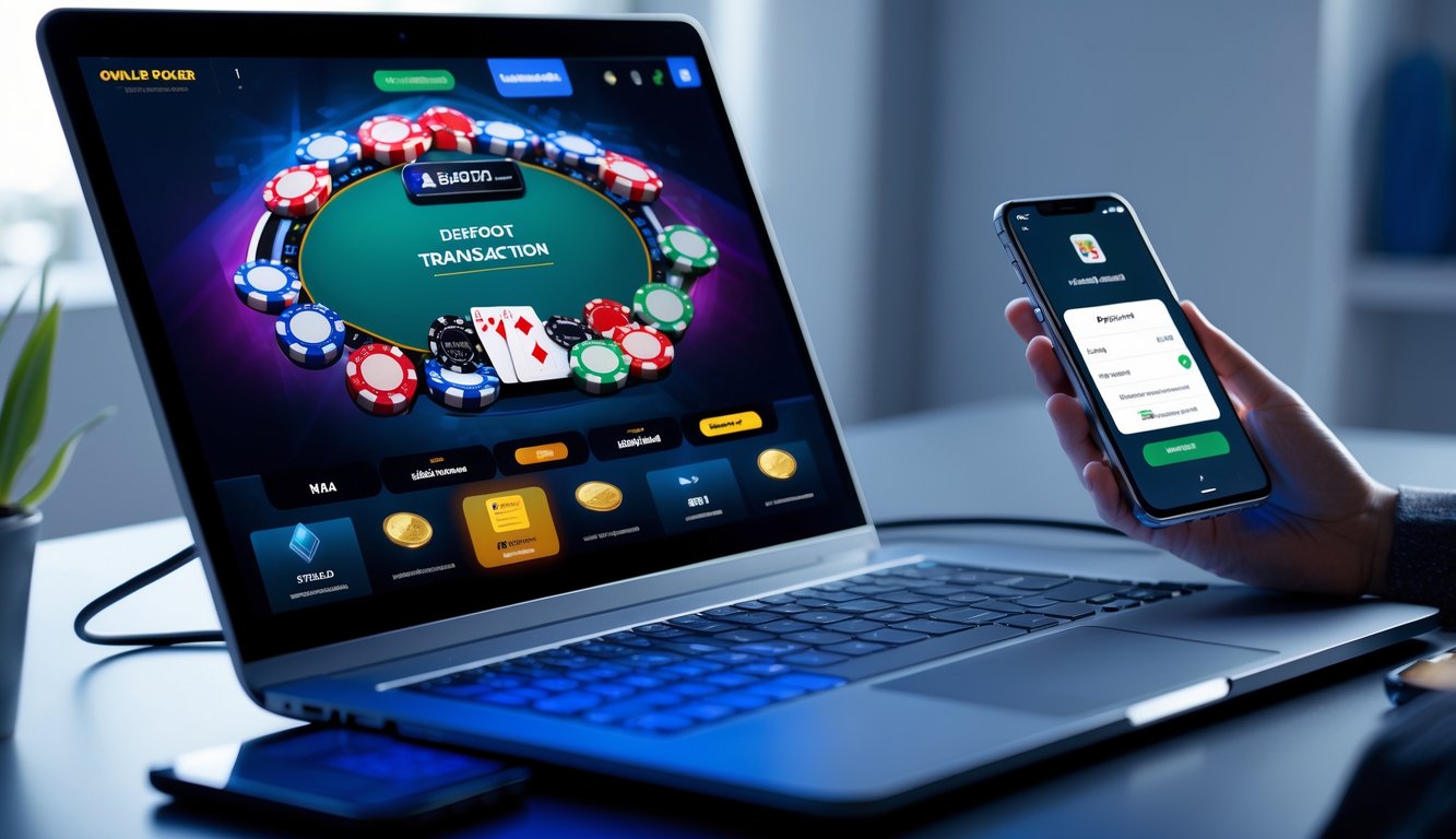 Sebuah meja dengan komputer dan ponsel yang menampilkan permainan poker online dan aplikasi pembayaran digital.