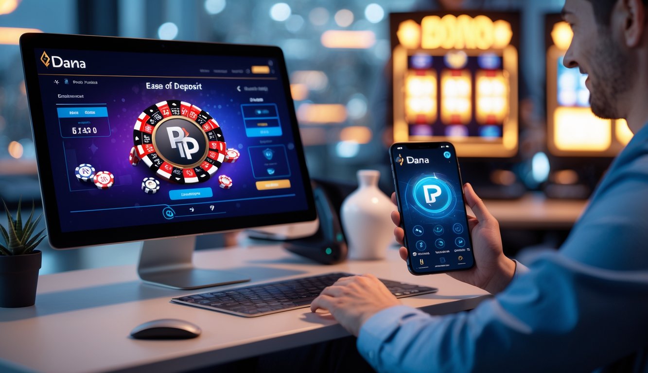 Seorang pemain poker online menggunakan laptop dan smartphone dengan tampilan permainan poker dan ikon dompet digital di layar.