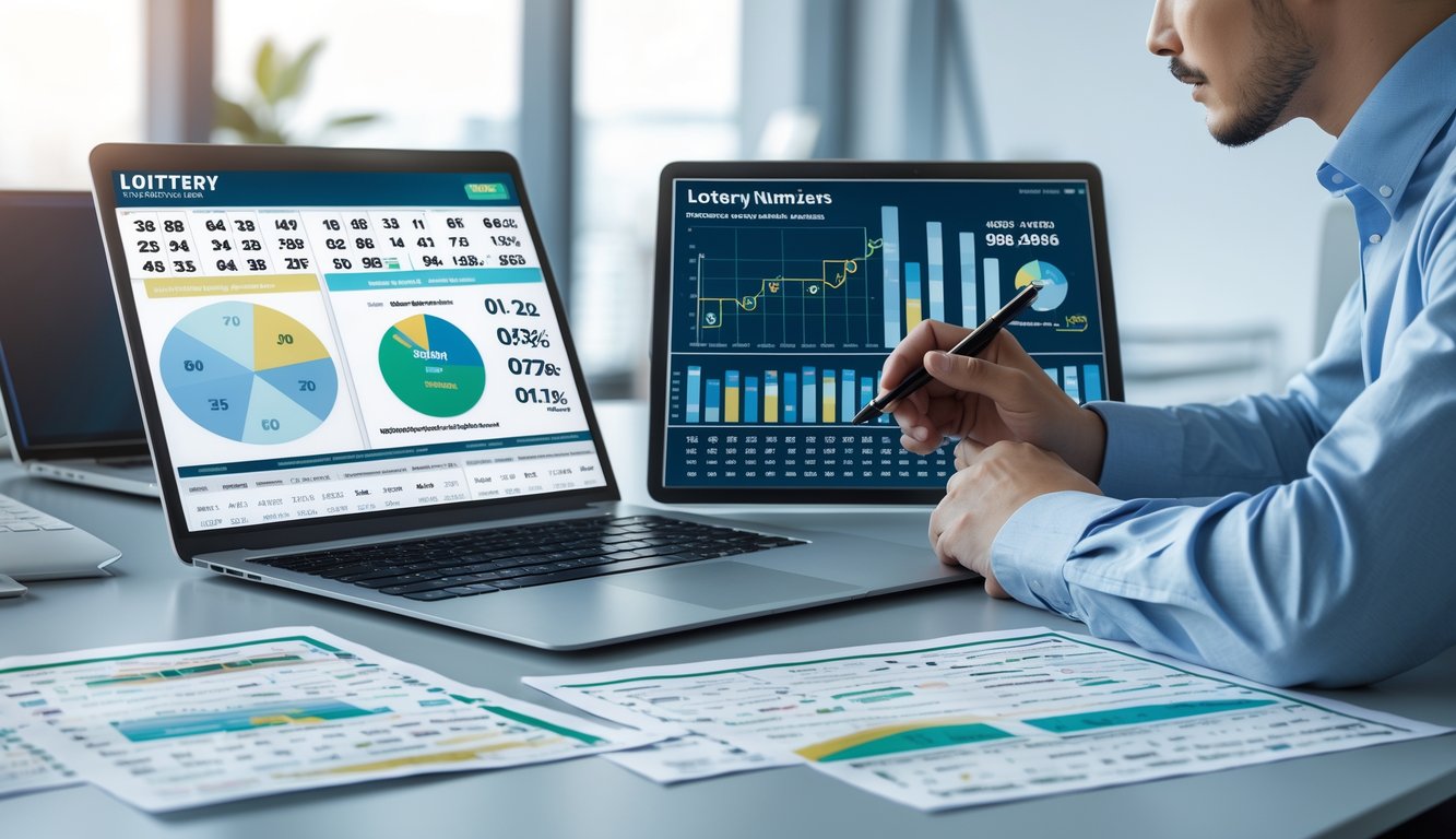 Seseorang sedang menganalisis data angka togel dengan perangkat digital dan kertas di meja kerja di sebuah kantor yang terang.