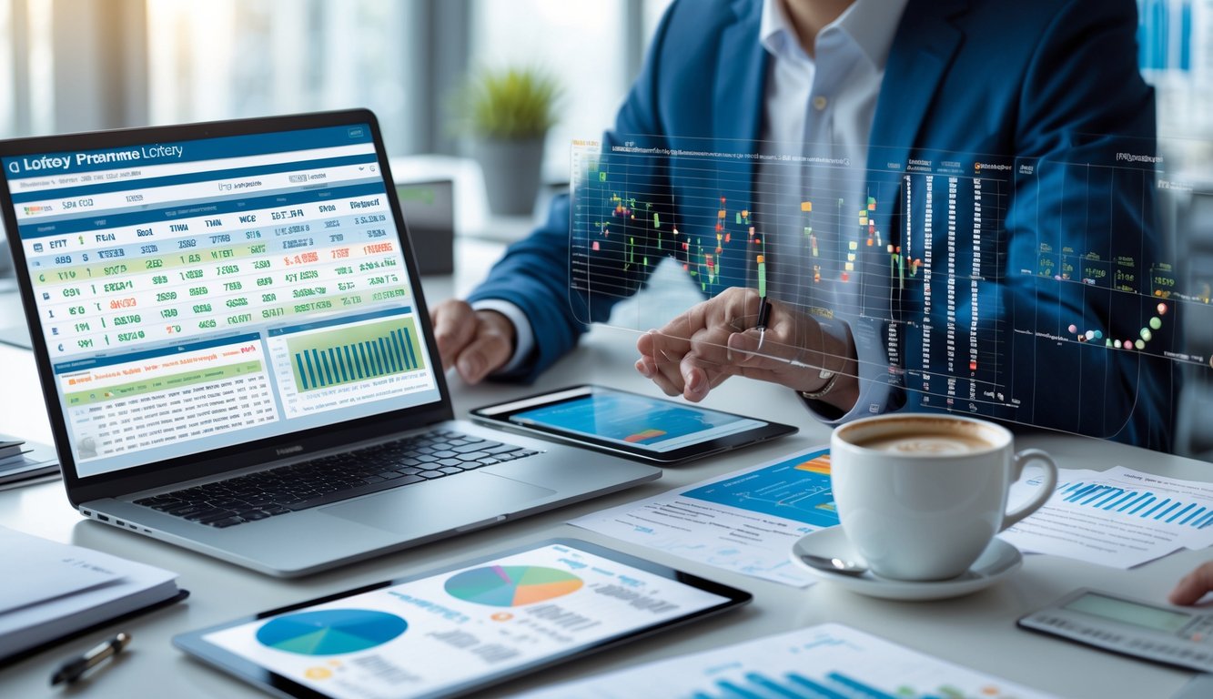 Seorang profesional sedang menganalisis data prediksi togel di meja kerja modern dengan perangkat digital dan laporan statistik.