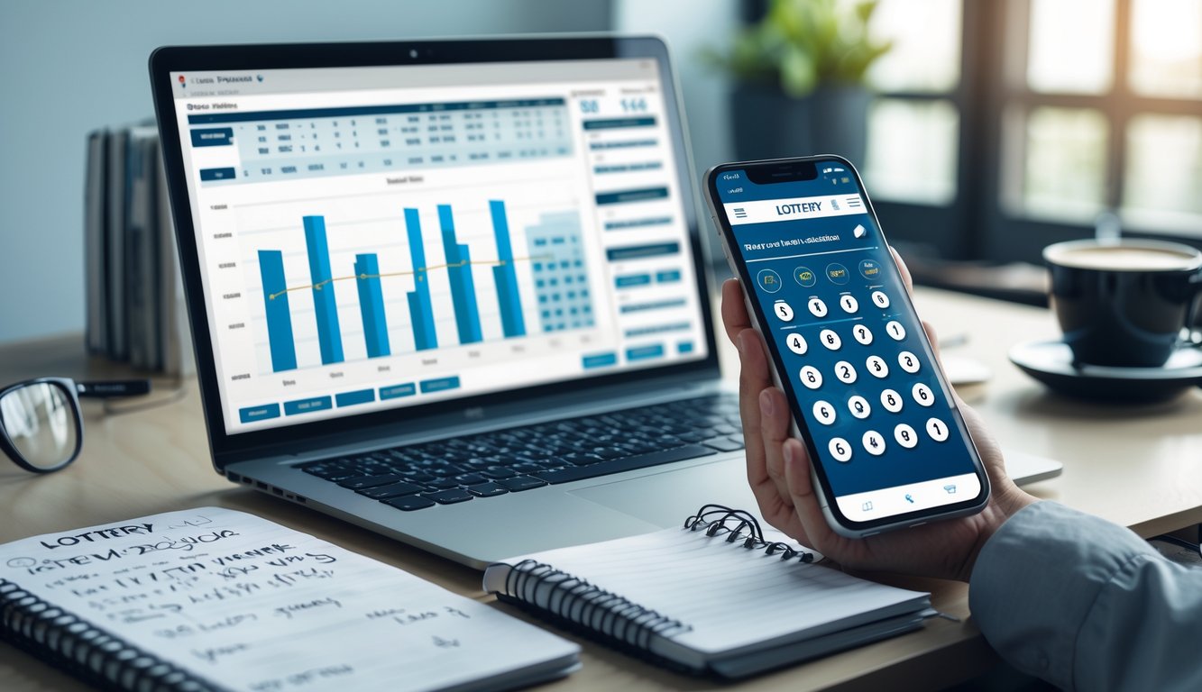 Meja kerja dengan laptop, kalkulator, catatan, dan smartphone yang menampilkan data dan analisis angka togel.