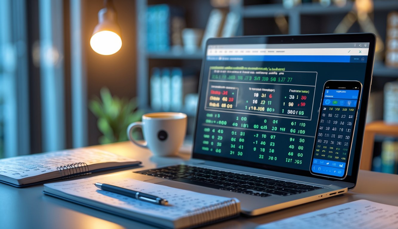 Sebuah meja kerja dengan laptop, buku catatan, dan smartphone yang menampilkan data dan perhitungan angka togel malam hari.