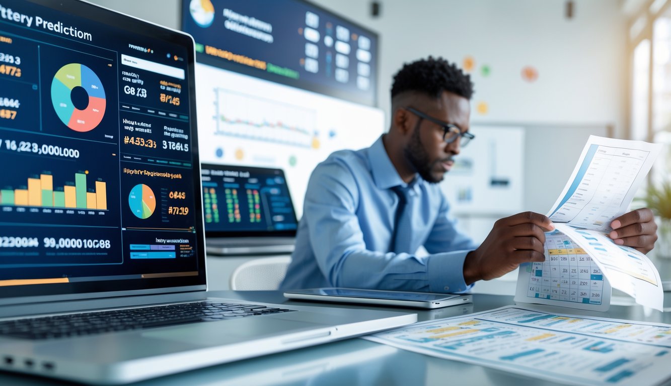 Seorang profesional sedang menganalisis data angka lotre di meja kerja dengan laptop dan kertas berisi statistik di kantor yang terang dan rapi.