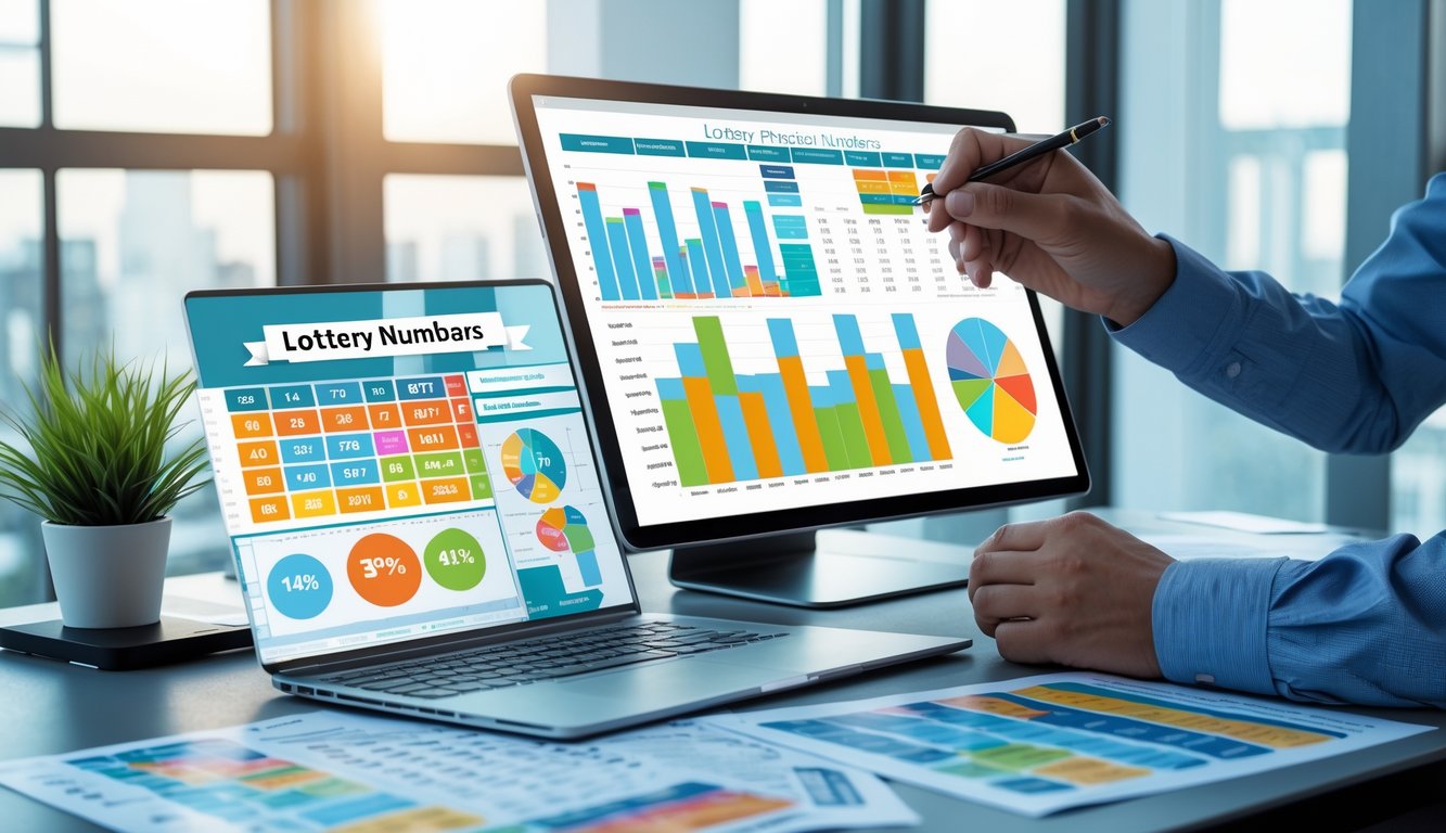Seorang profesional sedang menganalisis data angka togel di meja kerja dengan laptop dan tablet yang menampilkan grafik dan statistik.