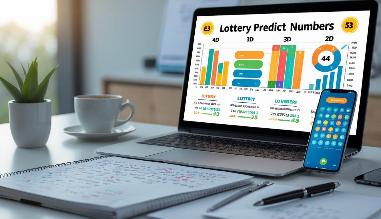 Meja kerja dengan laptop yang menampilkan grafik prediksi togel dan catatan angka keberuntungan, dilengkapi dengan kopi dan ponsel di ruang kantor yang terang.