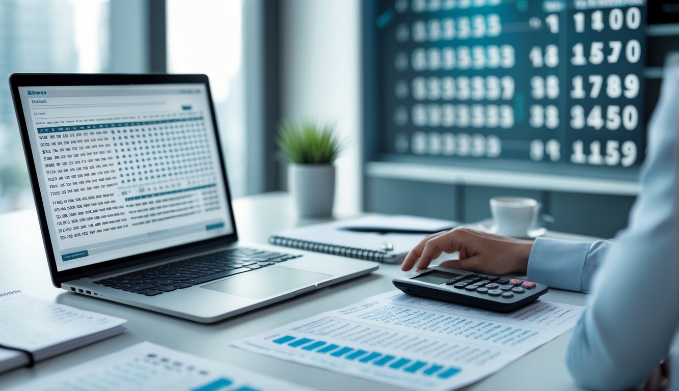 Seseorang sedang menganalisis data angka di meja kerja dengan laptop, kertas, dan kalkulator.