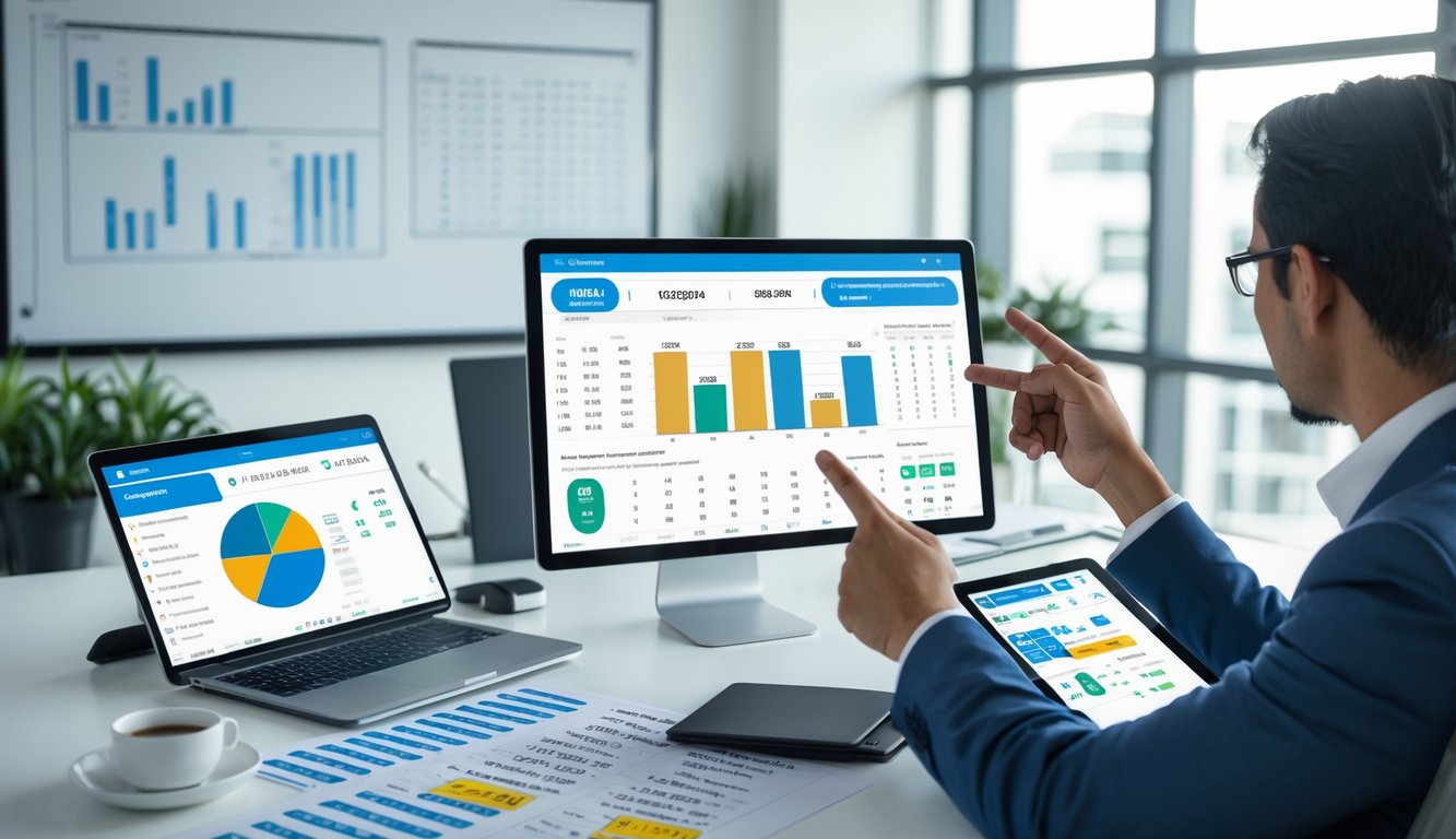 Seseorang sedang menganalisis data angka togel di meja kerja dengan laptop, tablet, dan kertas berisi angka dan grafik.