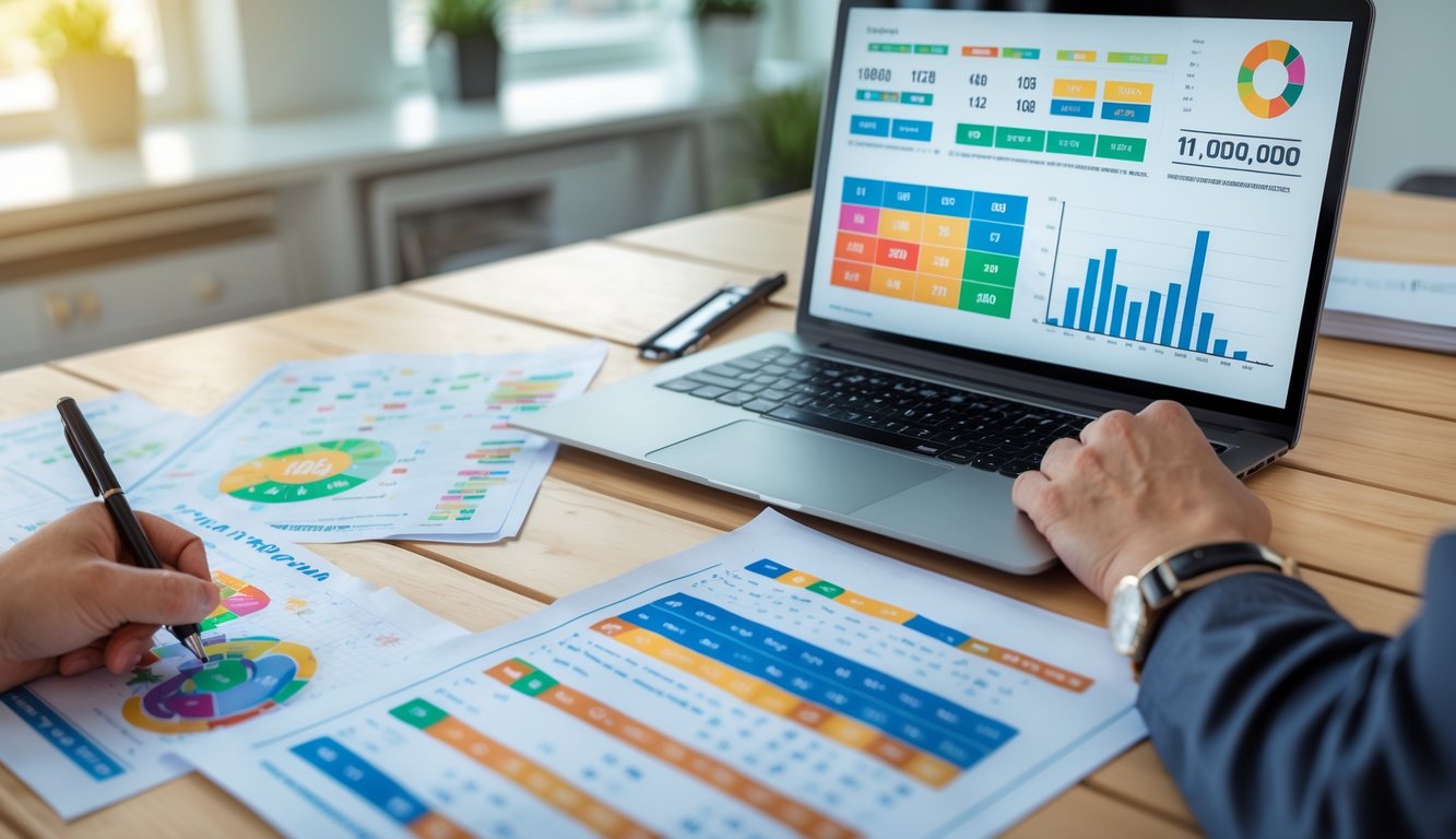 Meja kerja dengan laptop, grafik angka, dan tangan yang memegang pena sedang menganalisis data angka togel.
