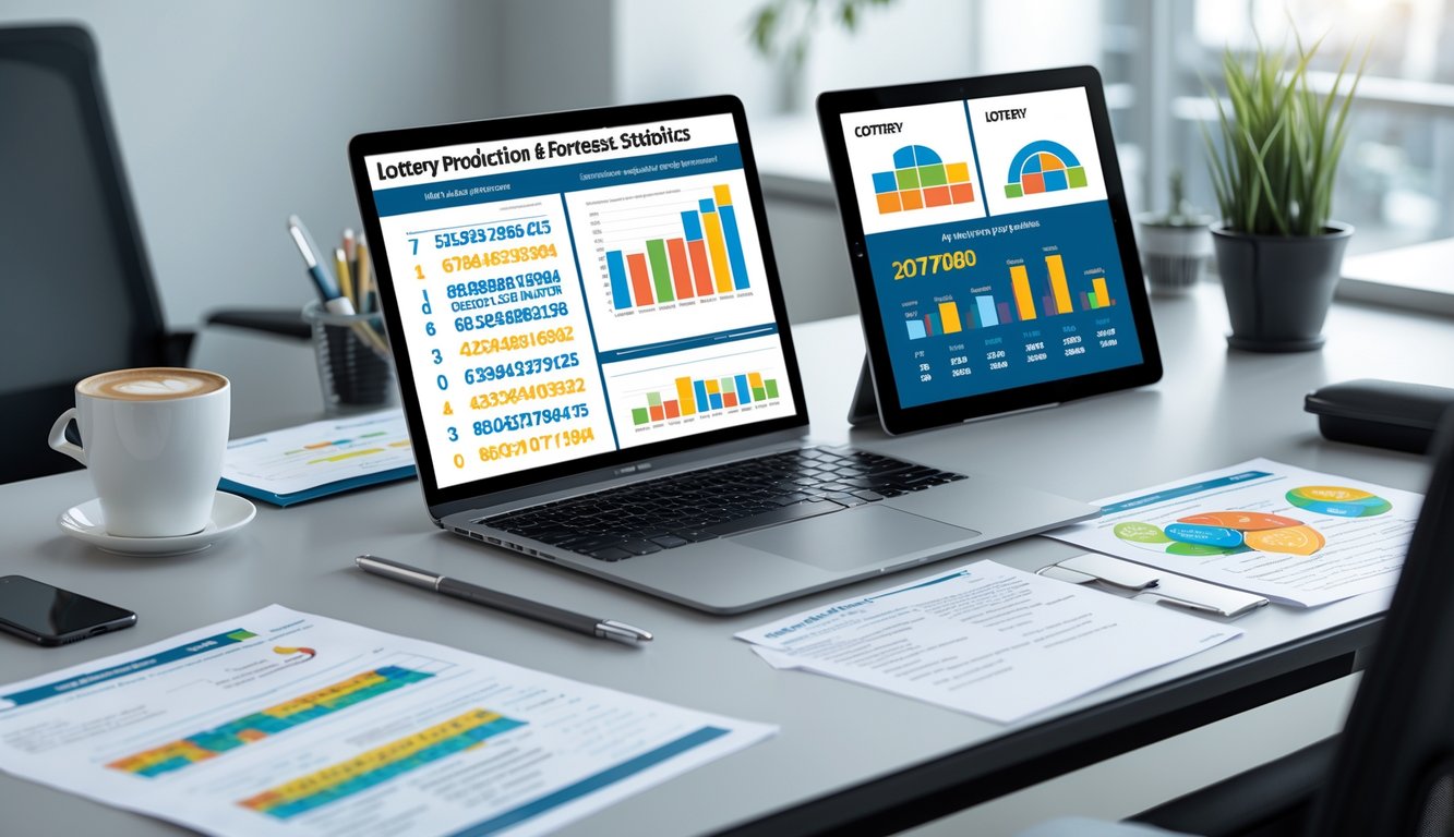 Meja kerja modern dengan perangkat digital menampilkan grafik dan data angka togel, serta kertas catatan dan alat tulis di ruang kantor yang terang.