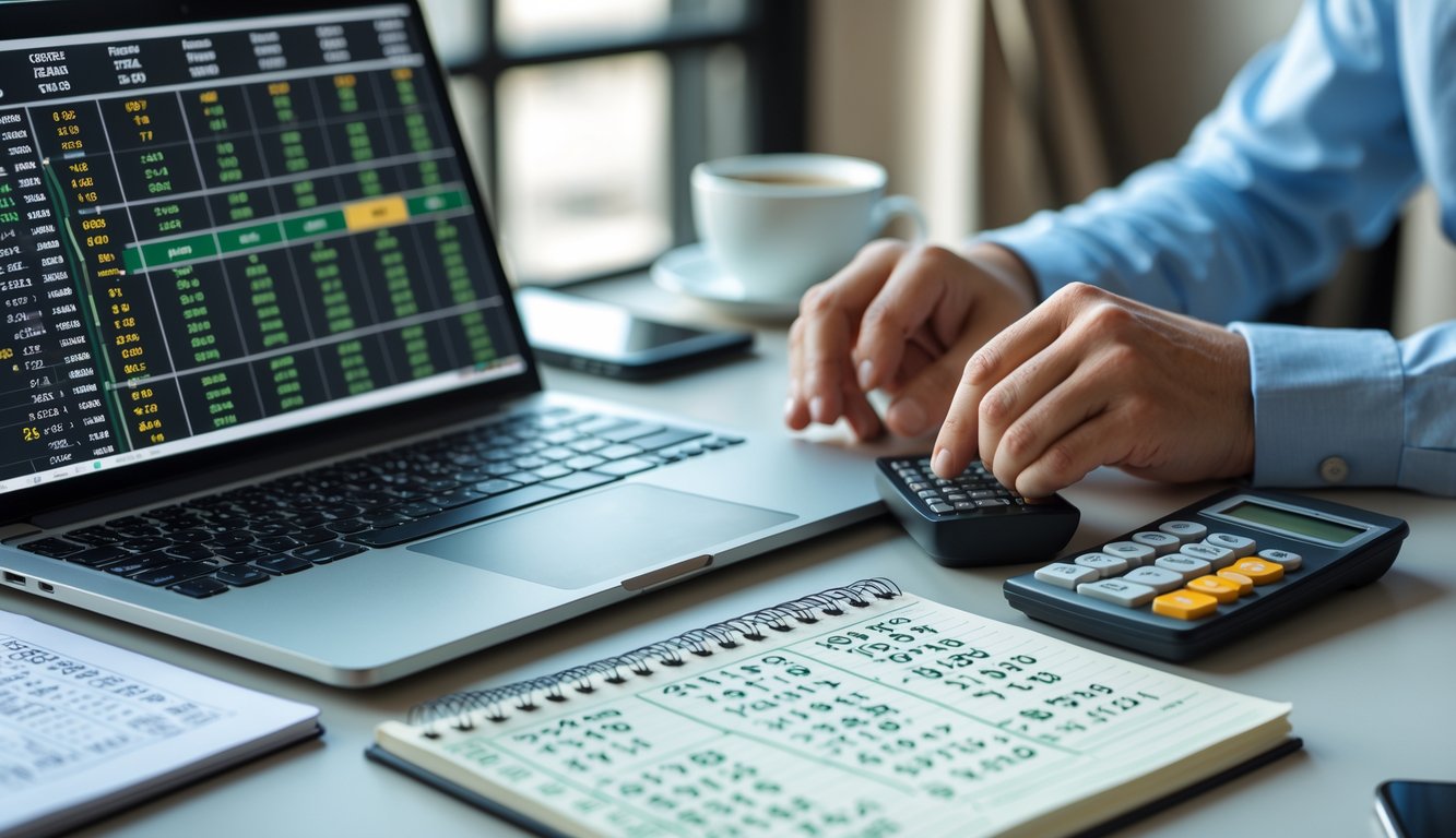 Sebuah meja kerja dengan laptop, kalkulator, dan catatan tangan yang menunjukkan seseorang sedang menganalisis angka.