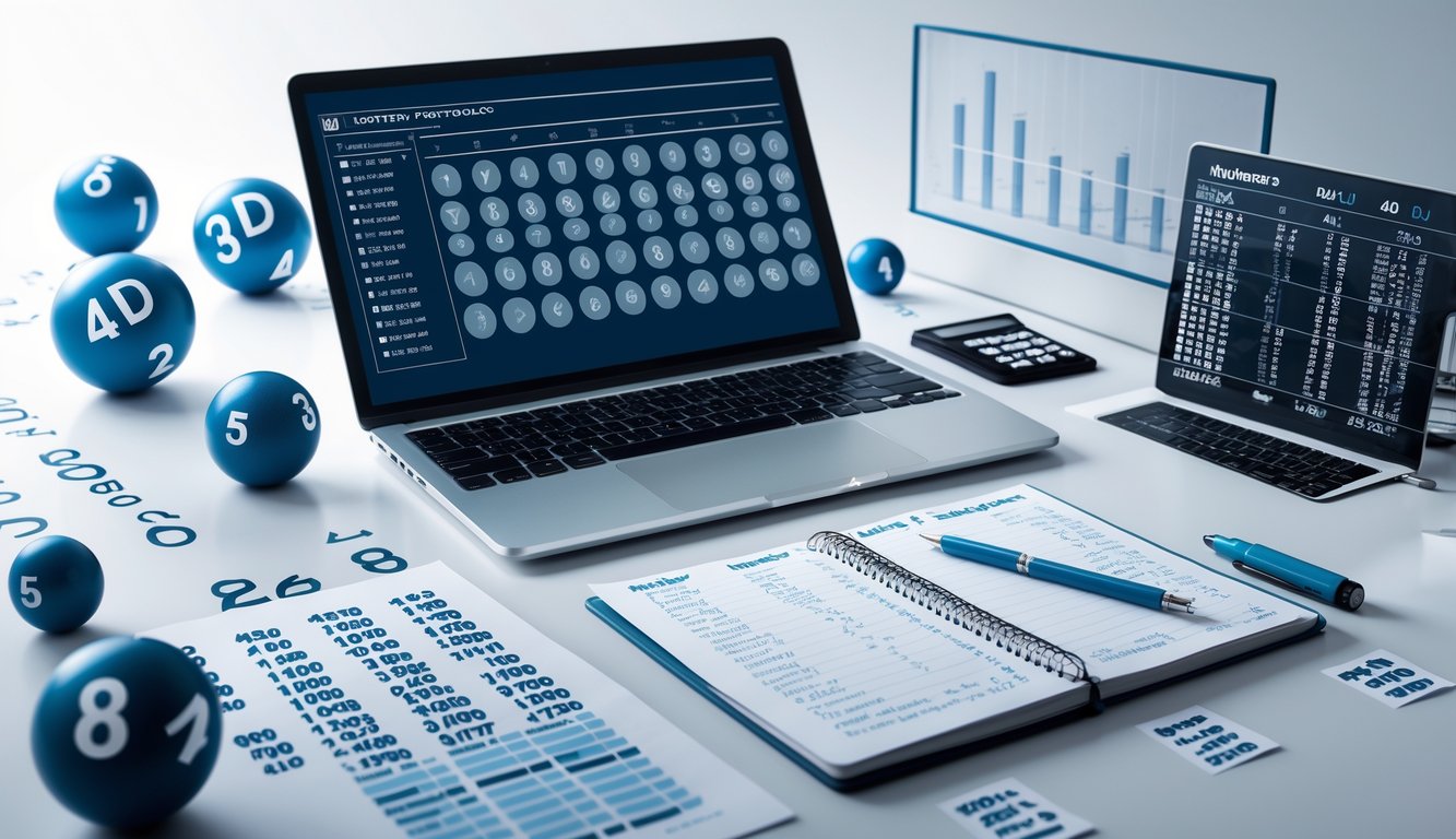 Meja kerja dengan laptop, buku catatan, dan bola bernomor yang menggambarkan prediksi togel malam hari.