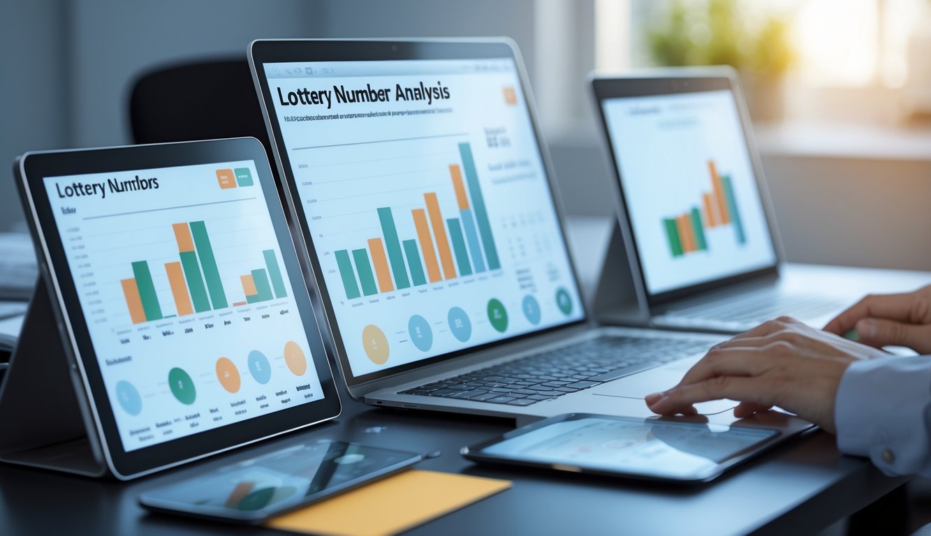 Meja kerja modern dengan perangkat digital yang menampilkan grafik dan data angka togel, tangan seseorang sedang berinteraksi dengan perangkat tersebut.