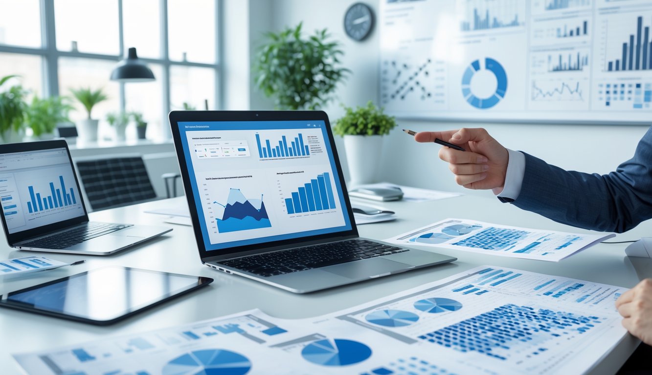 Seseorang sedang menganalisis data dan pola pada perangkat digital di meja kerja di kantor yang rapi.