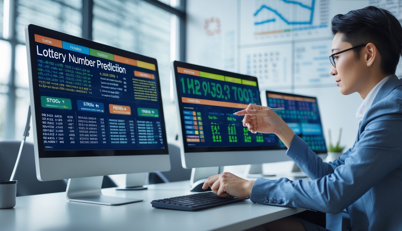 Seorang profesional sedang menganalisis data angka togel di depan beberapa layar komputer di ruang kantor yang terang dan rapi.