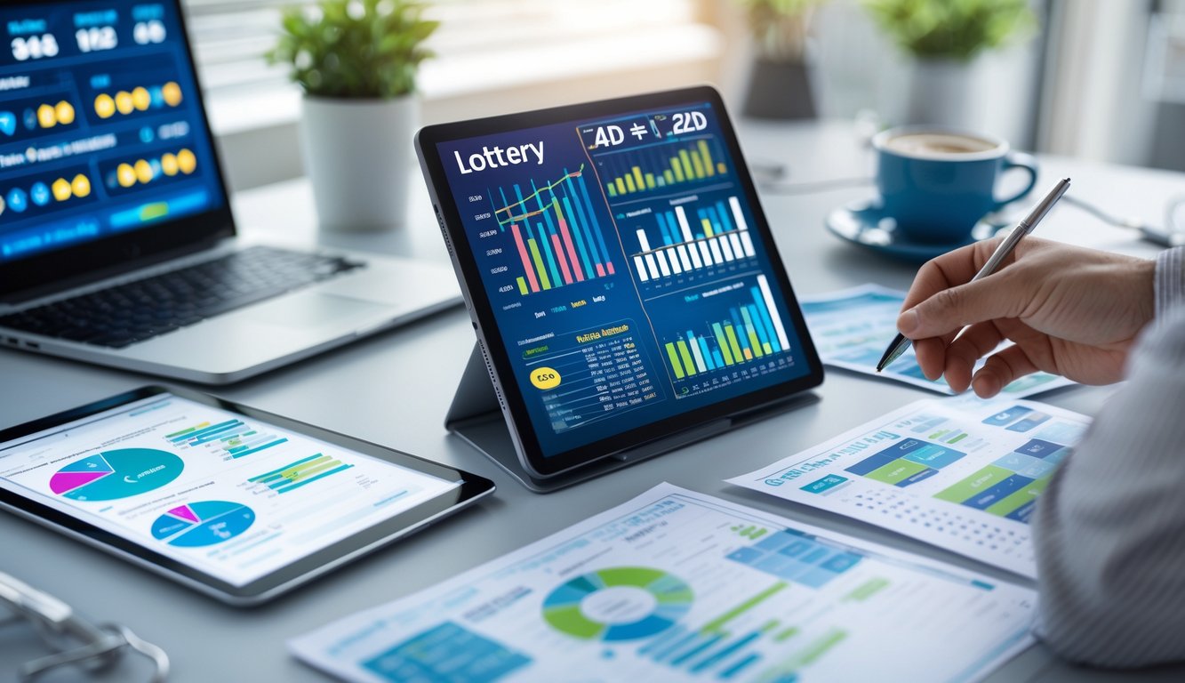 Meja kerja modern dengan perangkat digital dan kertas berisi angka dan grafik untuk analisis prediksi togel.