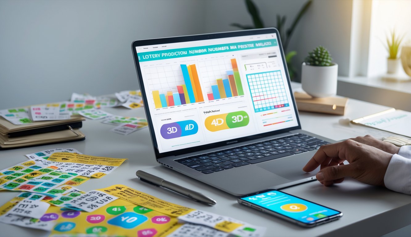 Meja kerja dengan laptop, catatan, dan tiket togel yang menunjukkan aktivitas analisis prediksi angka.