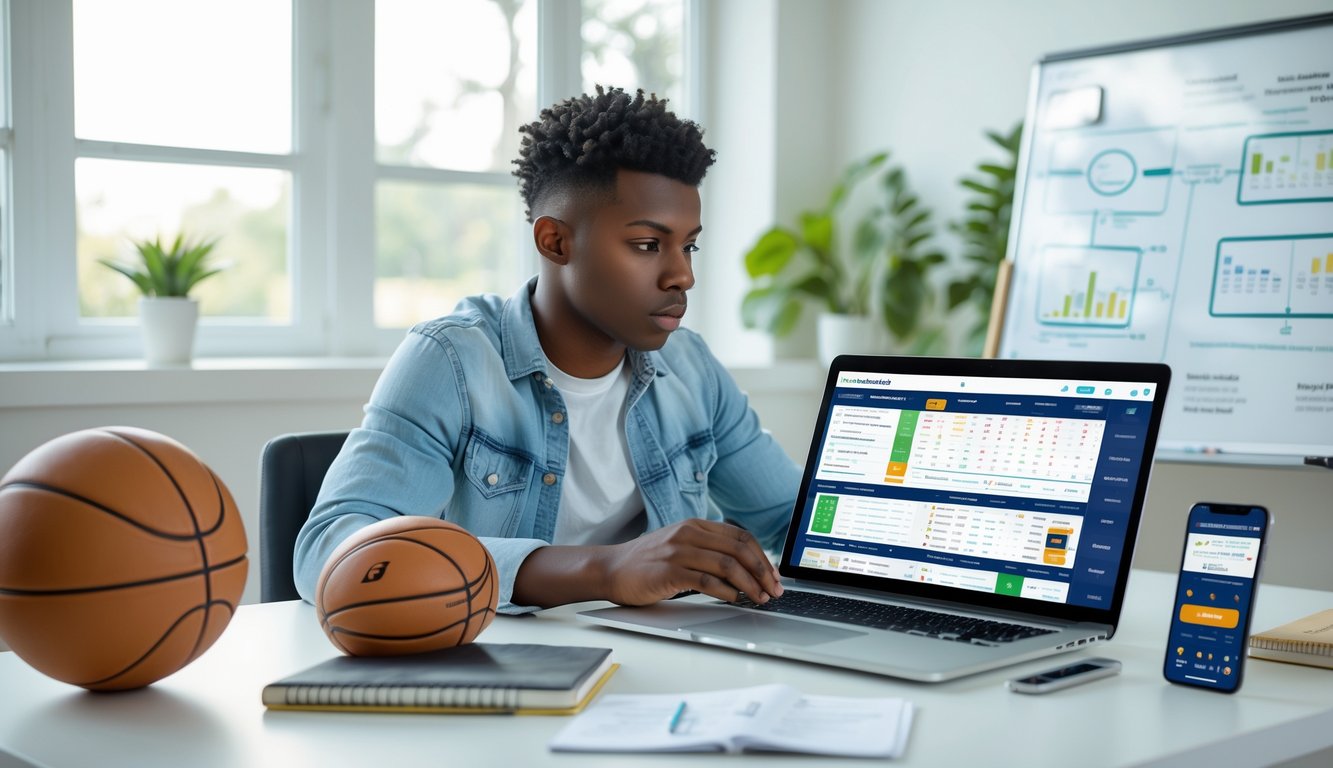 Seorang pria muda duduk di meja dengan laptop dan perlengkapan bola basket, fokus mempelajari strategi taruhan basket.