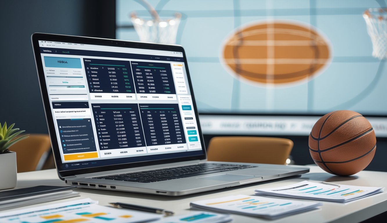 Meja kerja dengan laptop menampilkan data taruhan basket, bola basket di samping, dan catatan strategi taruhan.