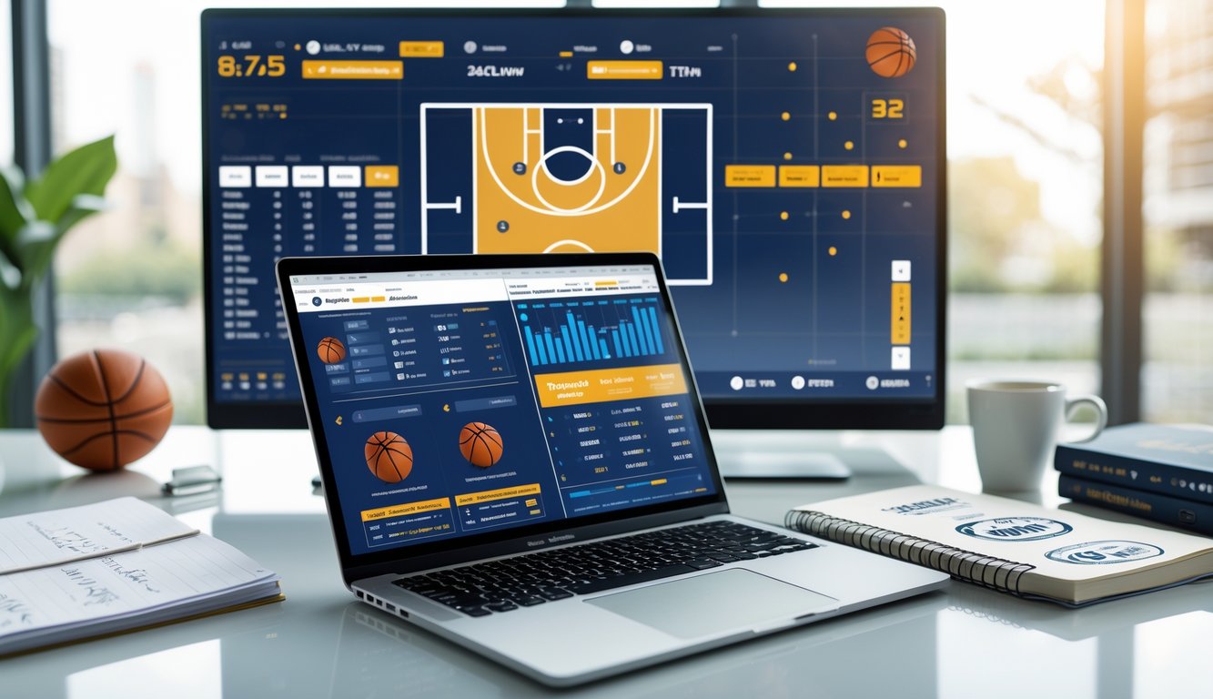 Sebuah meja kerja dengan laptop yang menampilkan statistik basket, catatan tangan, dan layar besar yang menunjukkan diagram lapangan basket dan prediksi skor.