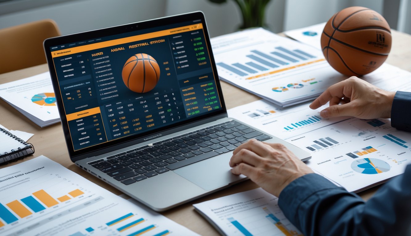 Seseorang sedang menganalisis data statistik bola basket di meja kerja dengan laptop, bola basket, dan catatan.