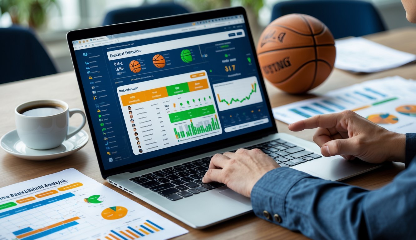 Seseorang sedang menganalisis statistik tim dan performa pemain basket di depan laptop dengan bola basket di meja.