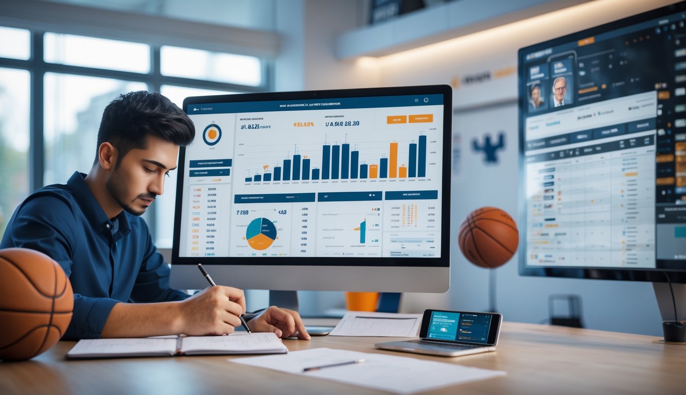 Seseorang sedang menganalisis statistik dan performa pemain bola basket di depan komputer dengan bola basket dan smartphone di meja kerja.
