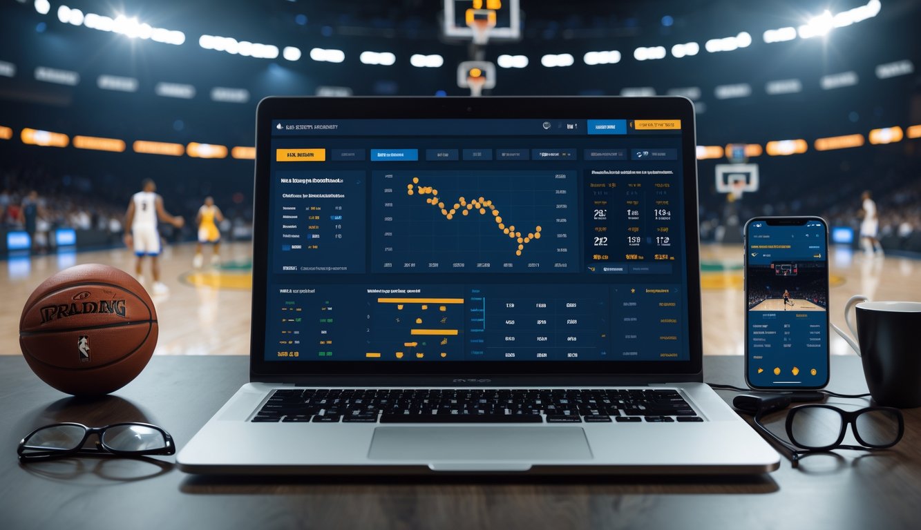 Seorang pria duduk di depan laptop dengan statistik dan grafik taruhan bola basket, di sampingnya ponsel menampilkan pertandingan bola basket yang sedang berlangsung, dengan lapangan bola basket dan pemain di latar belakang.