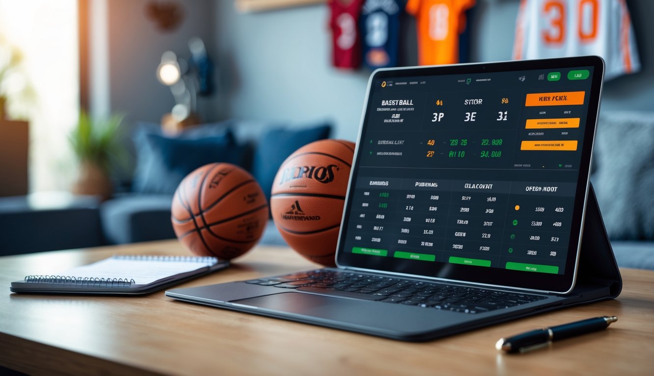 Seseorang menggunakan laptop dengan data taruhan basket, di meja terdapat bola basket dan catatan strategi.