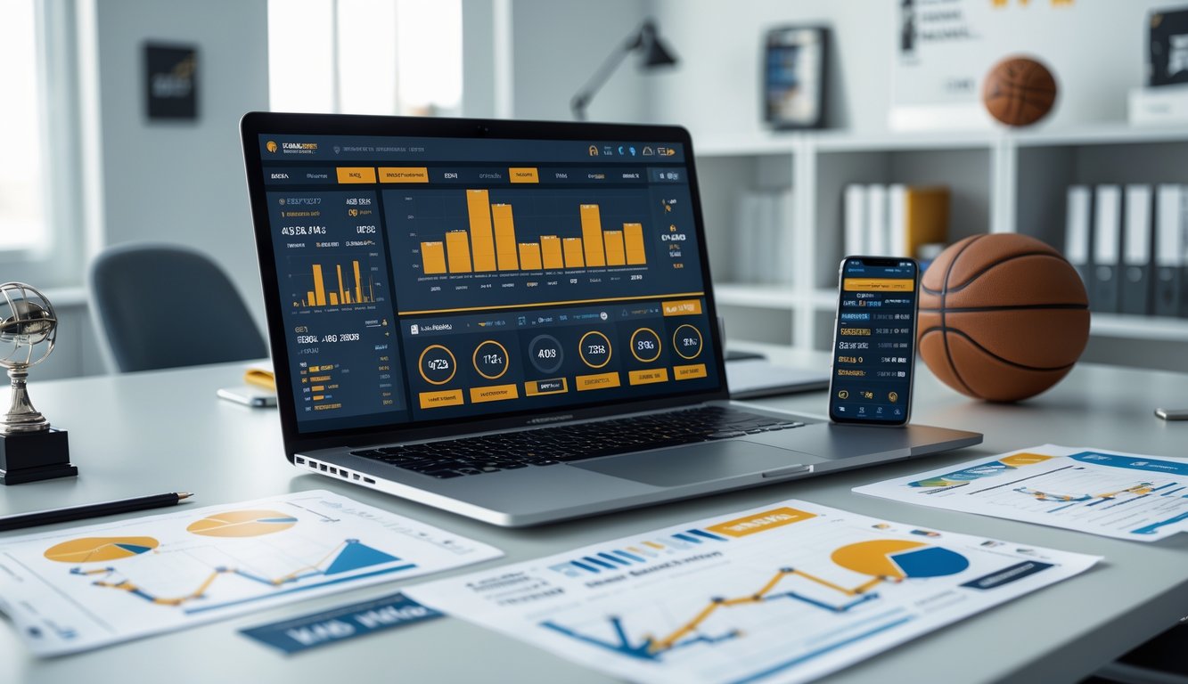 Seorang pria bekerja di meja dengan laptop dan ponsel yang menampilkan statistik dan data pertandingan basket NBA, dikelilingi oleh grafik dan dokumen analisa.