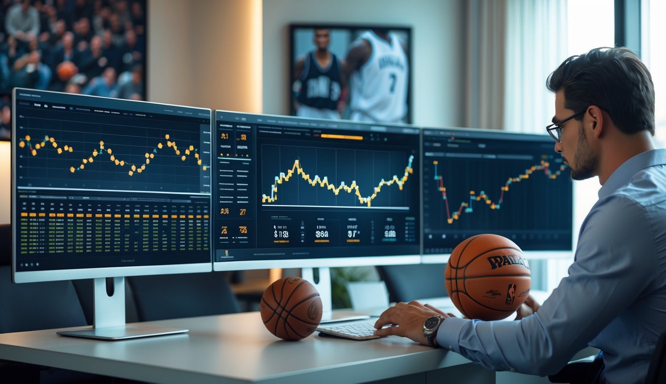 Seorang pria menganalisis data dan grafik statistik pertandingan basket NBA di depan beberapa layar komputer di ruang kerja modern.