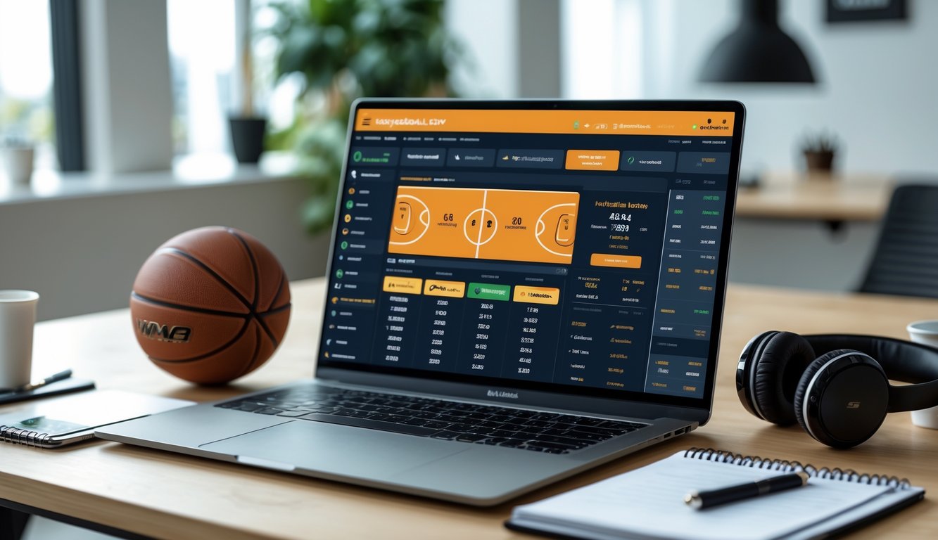 Sebuah ruang kerja modern dengan laptop yang menampilkan antarmuka taruhan basket online, bola basket di sampingnya, dan alat tulis di meja.