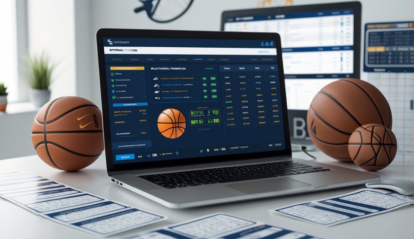 Sebuah komputer menampilkan antarmuka taruhan bola basket dengan bola basket dan papan skor di sekitarnya.