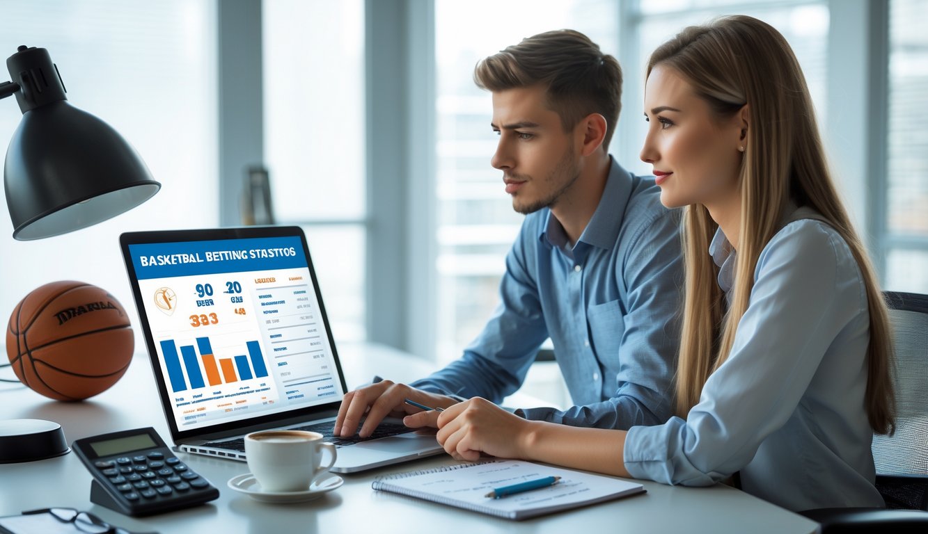 Dua orang muda duduk di meja kantor dengan laptop dan alat tulis, fokus pada strategi taruhan basket.